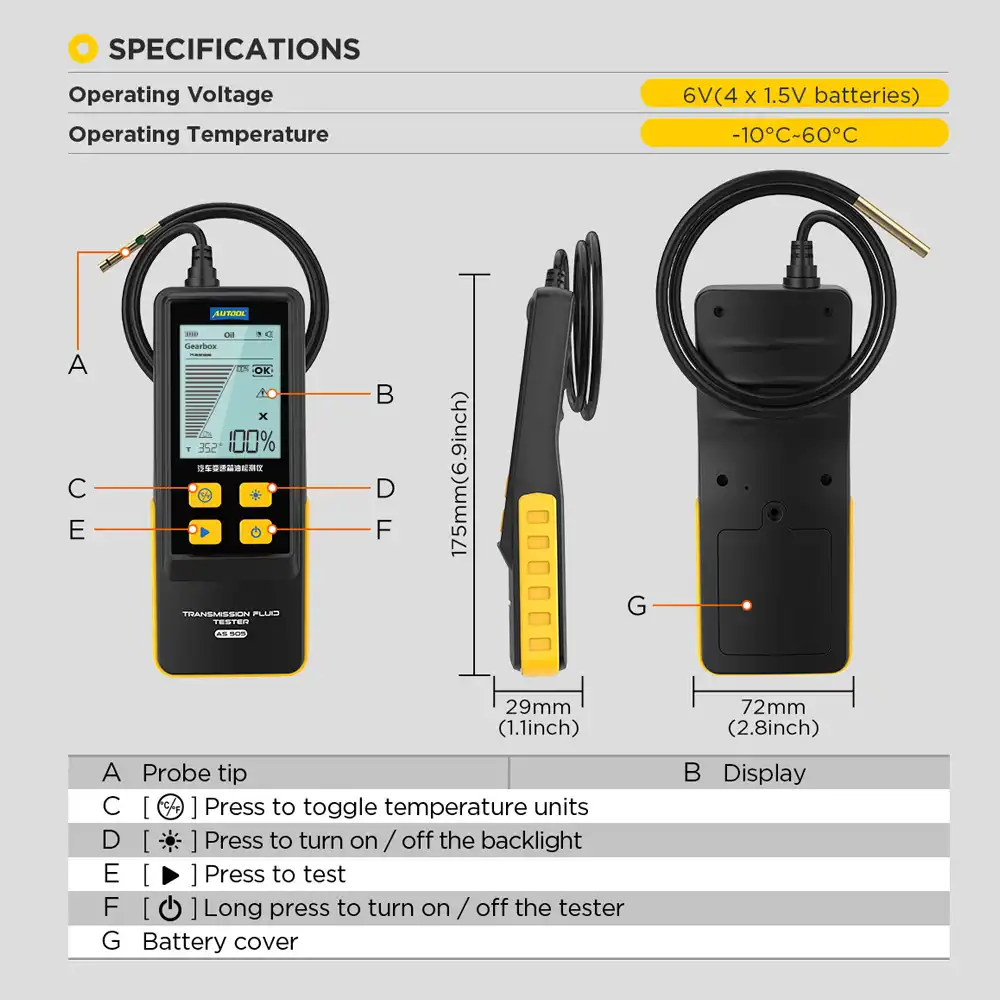 AUTOOL AS505 Digital Optical Transmission Fluid (ATF) Quality & Temperature Tester (800mm PTFE Probe · 2.8